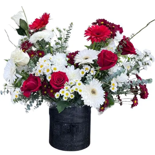 caja pote black strass con rosas y flores de estacion angel